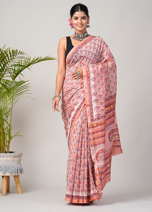 Pink & Multi Coloured Hand Block Printed Women Designer Party wear Chanderi Cotton Silk Saree with Runnin Blouse!!