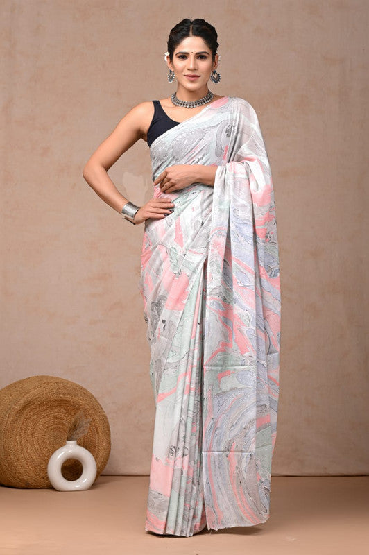 Light Pink & Multi Coloured Hand Block Bagru, Dabu & Batik Dye Print Women Designer Party wear Pure Cotton Saree with Runnin Blouse!!