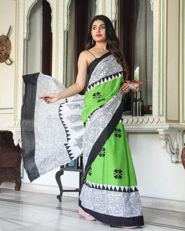 BEAUTIFUL HAND PRINTED MUL COTTON SAREE