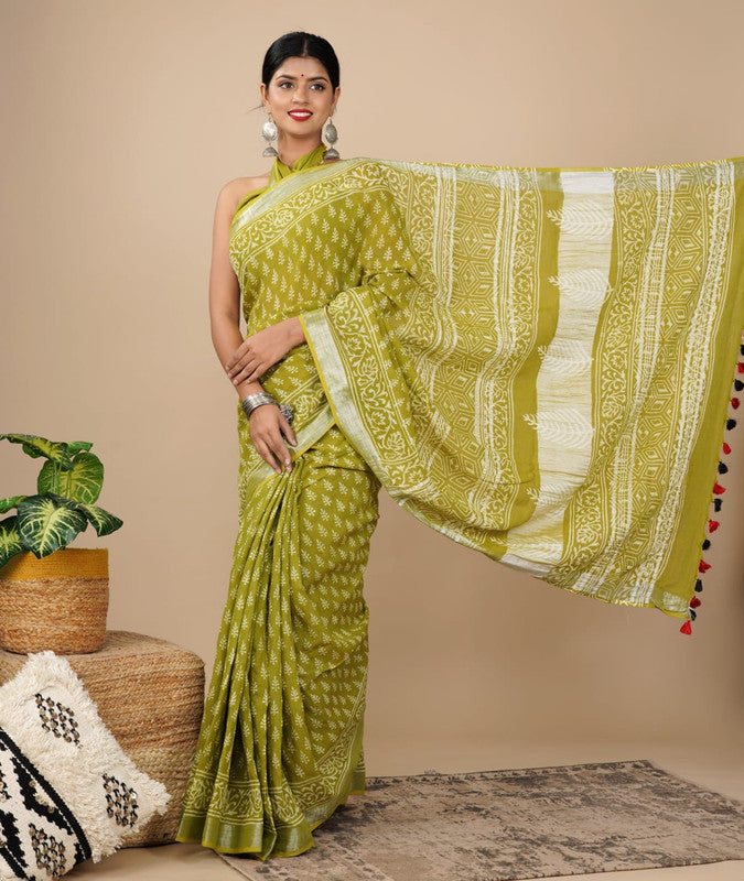 LINEN COTTON HAND PRINTED  SAREE WITH TAUSSAL