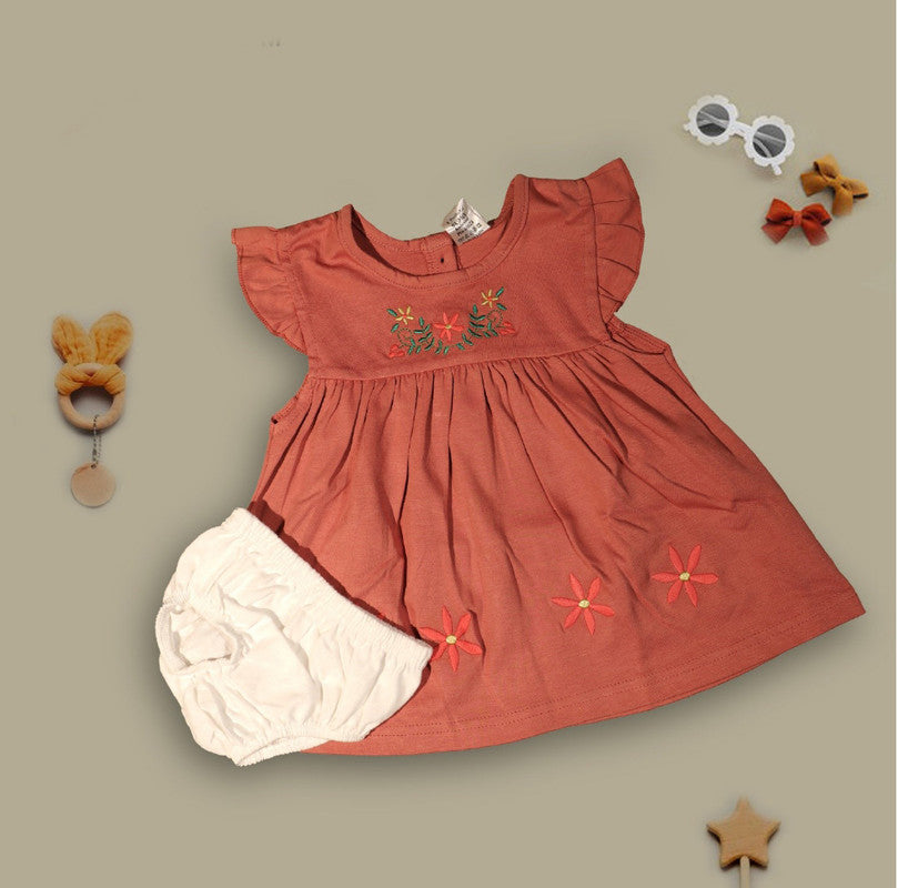 Peach Coloured Cotton Daily wear Girls Designer Frock with Panty!!