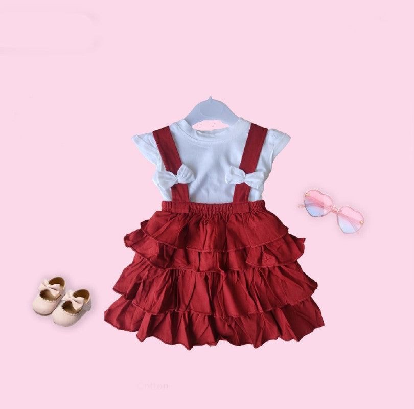 Red Coloured Cotton Daily wear Girls Dungarees Frock!!