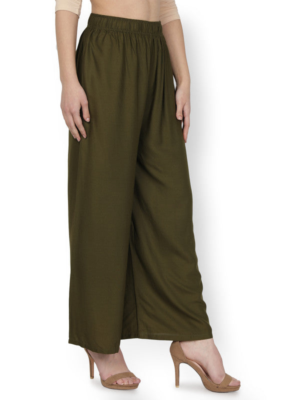 Olive Green Coloured Soft Rayon Solid Elasticated Waistband Perfect Fit  Women flared Wide Legged Palazzo Pants!!