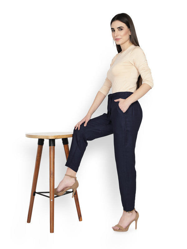 Navy Blue Coloured Super Soft Rayon Solid Breathable and Shiny Regular Fit Women Rayon Peg Trousers!!