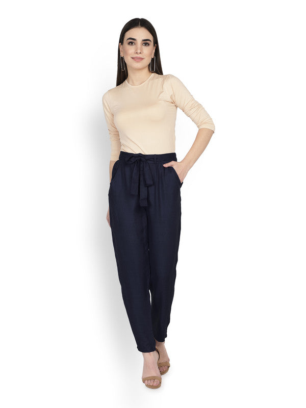 Navy Blue Coloured Super Soft Rayon Solid Breathable and Shiny Regular Fit Women Rayon Peg Trousers!!