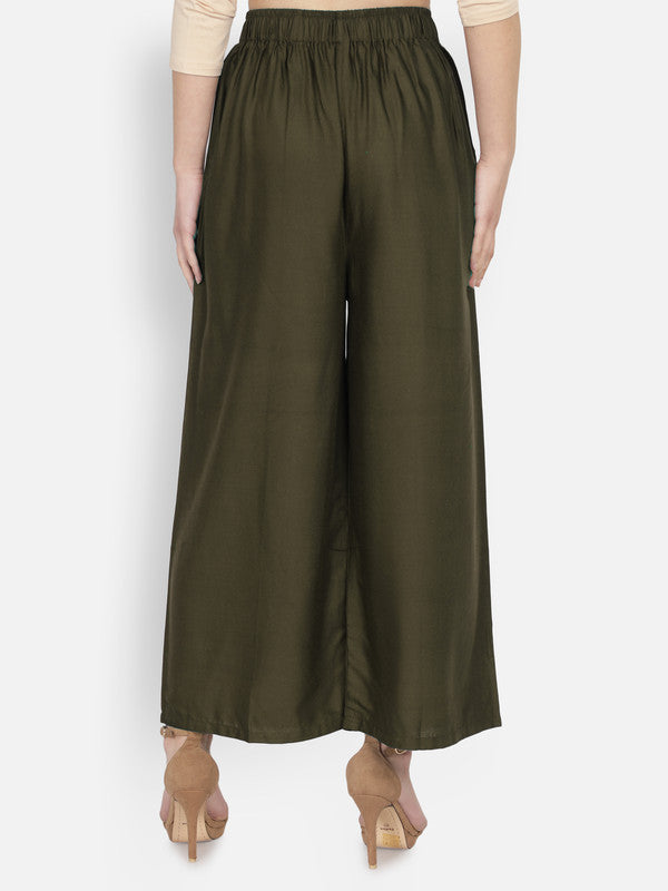 Olive Green Coloured Soft Rayon Solid Elasticated Waistband Perfect Fit Women flared Wide Legged Palazzo Pants!!