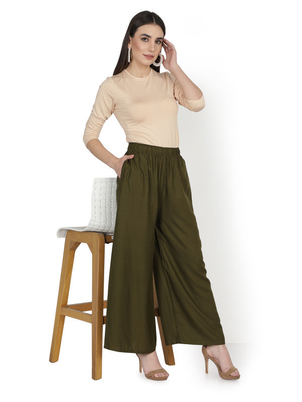 Olive Green Coloured Soft Rayon Solid Elasticated Waistband Perfect Fit Women flared Wide Legged Palazzo Pants!!