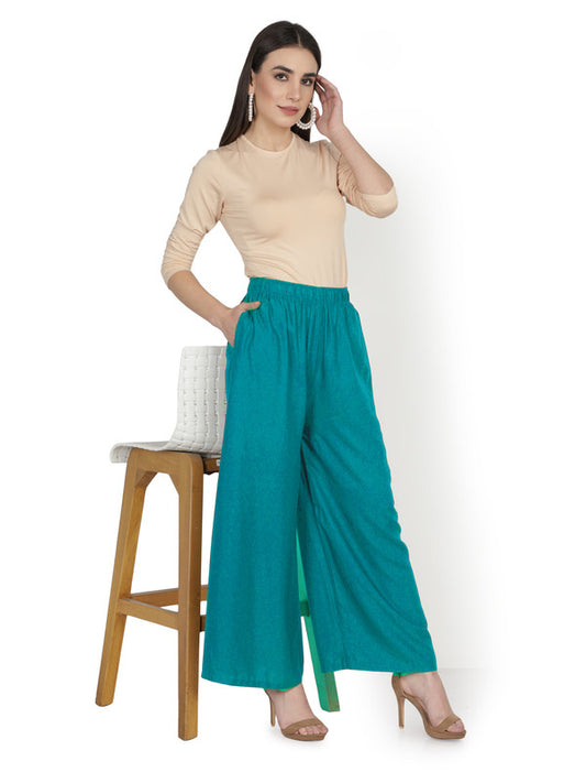 Rama Blue Coloured Soft Rayon Solid Elasticated Waistband Perfect Fit Women flared Wide Legged Palazzo Pants!!
