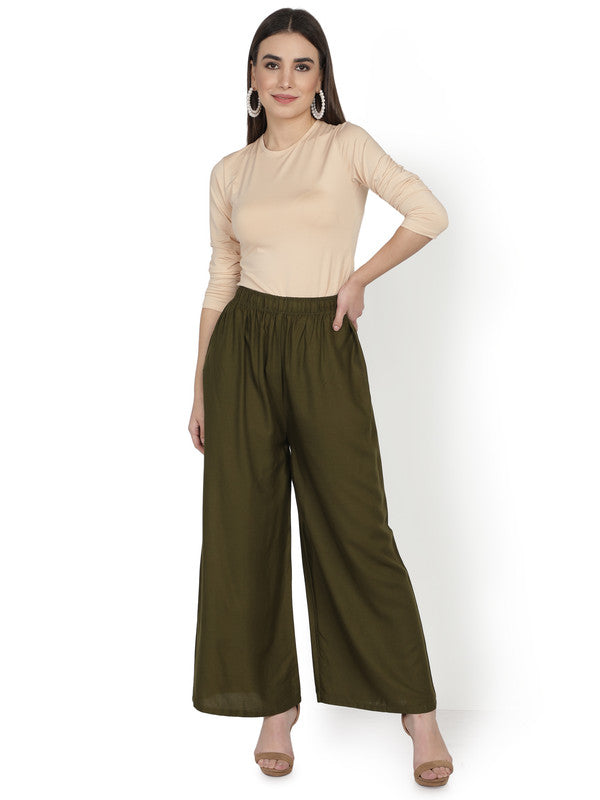 Olive Green Coloured Soft Rayon Solid Elasticated Waistband