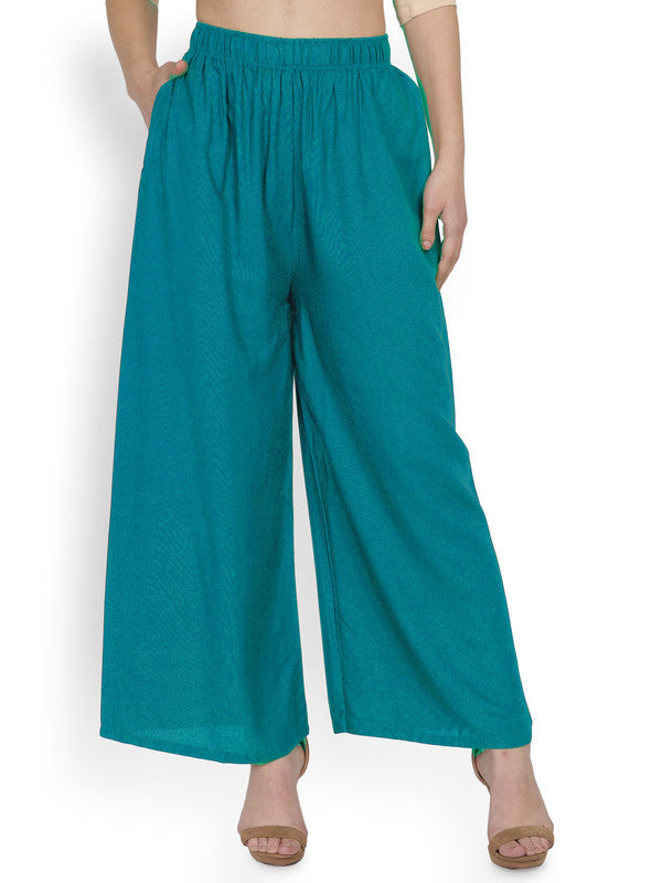 Rama Blue Coloured Soft Rayon Solid Elasticated Waistband Perfect Fit Women flared Wide Legged Palazzo Pants!!