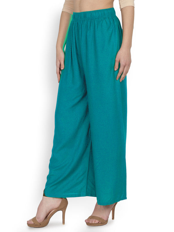 Rama Blue Coloured Soft Rayon Solid Elasticated Waistband Perfect Fit Women flared Wide Legged Palazzo Pants!!