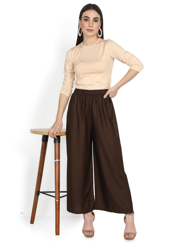 Brown Coloured Soft Rayon Solid Elasticated Waistband Perfect Fit Women flared Wide Legged Palazzo Pants!!