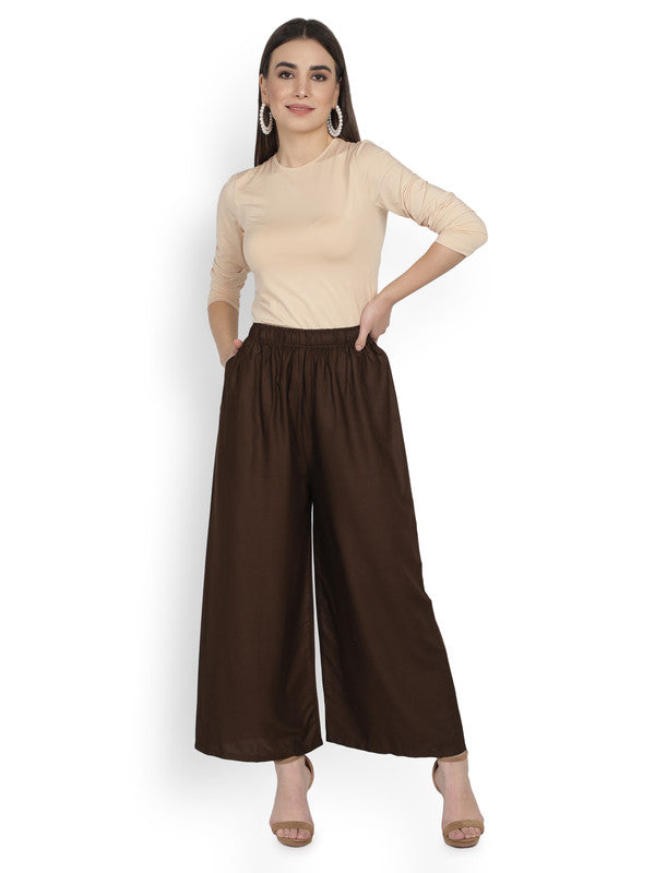 Brown Coloured Soft Rayon Solid Elasticated Waistband Perfect Fit Women flared Wide Legged Palazzo Pants!!