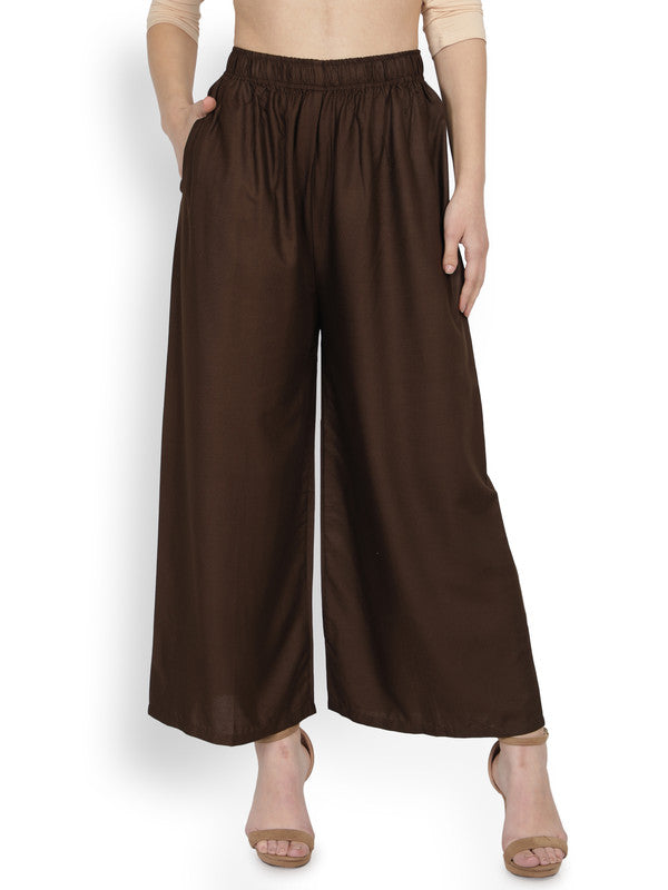 Brown Coloured Soft Rayon Solid Elasticated Waistband Perfect Fit Women flared Wide Legged Palazzo Pants!!