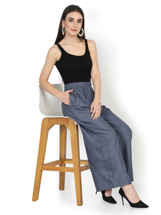 Grey Coloured Soft Rayon Solid Elasticated Waistband Perfect Fit Women flared Wide Legged Palazzo Pants!!