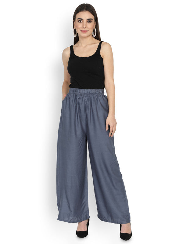 Grey Coloured Soft Rayon Solid Elasticated Waistband Perfect Fit Women flared Wide Legged Palazzo Pants!!