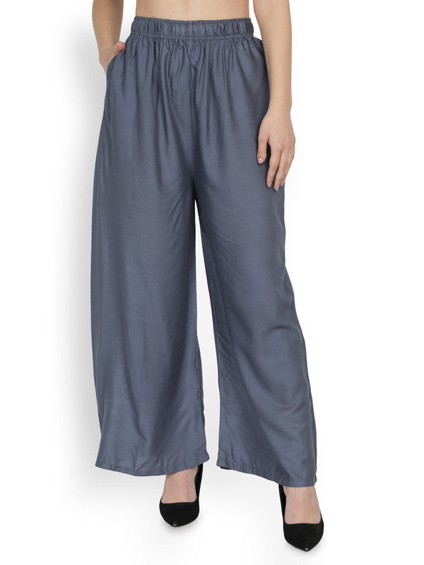 Grey Coloured Soft Rayon Solid Elasticated Waistband Perfect Fit Women flared Wide Legged Palazzo Pants!!