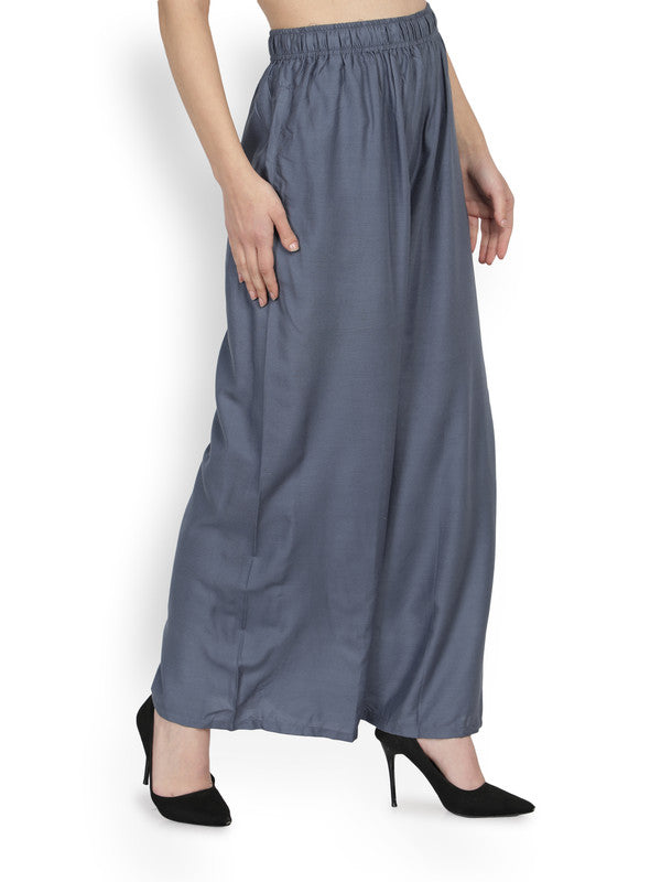 Grey Coloured Soft Rayon Solid Elasticated Waistband Perfect Fit Women flared Wide Legged Palazzo Pants!!