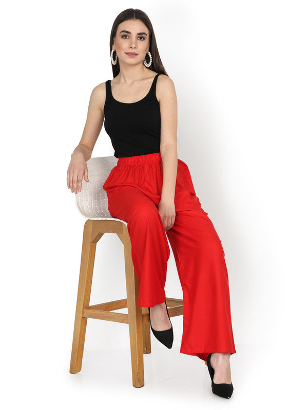 Red Coloured Soft Rayon Solid Elasticated Waistband Perfect Fit Women flared Wide Legged Palazzo Pants!!