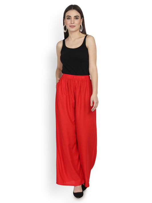 Red Coloured Soft Rayon Solid Elasticated Waistband Perfect Fit Women flared Wide Legged Palazzo Pants!!