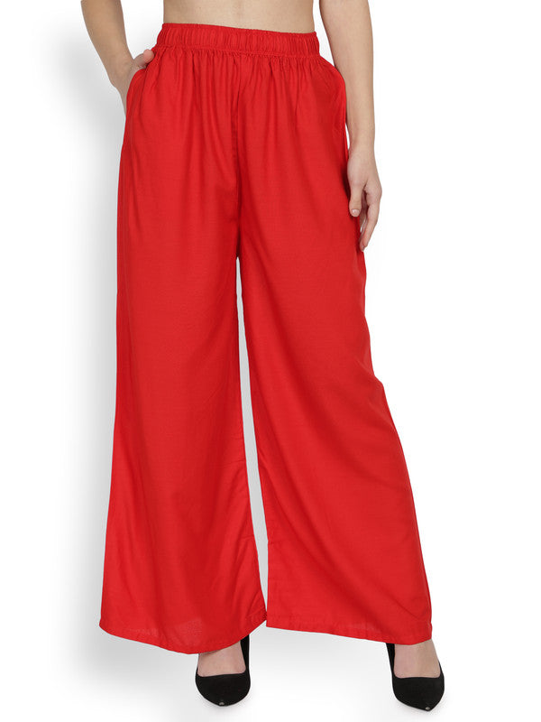 Red Coloured Soft Rayon Solid Elasticated Waistband Perfect Fit Women flared Wide Legged Palazzo Pants!!