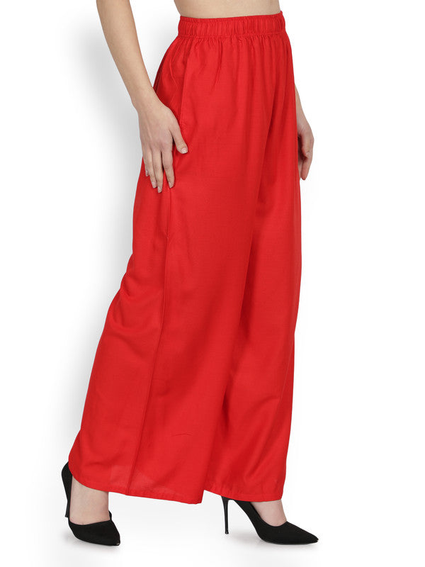 Red Coloured Soft Rayon Solid Elasticated Waistband Perfect Fit Women flared Wide Legged Palazzo Pants!!