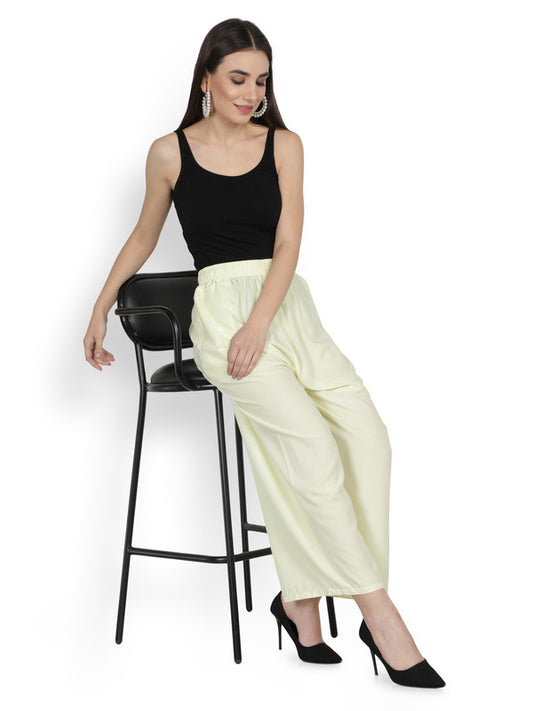 Off White Coloured Soft Rayon Solid Elasticated Waistband Perfect Fit Women flared Wide Legged Palazzo Pants!!