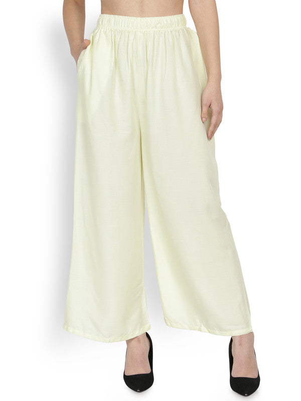 Off White Coloured Soft Rayon Solid Elasticated Waistband Perfect Fit Women flared Wide Legged Palazzo Pants!!