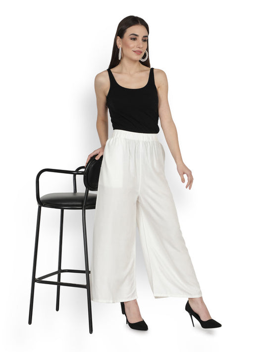 White Coloured Soft Rayon Solid Elasticated Waistband Perfect Fit Women flared Wide Legged Palazzo Pants!!