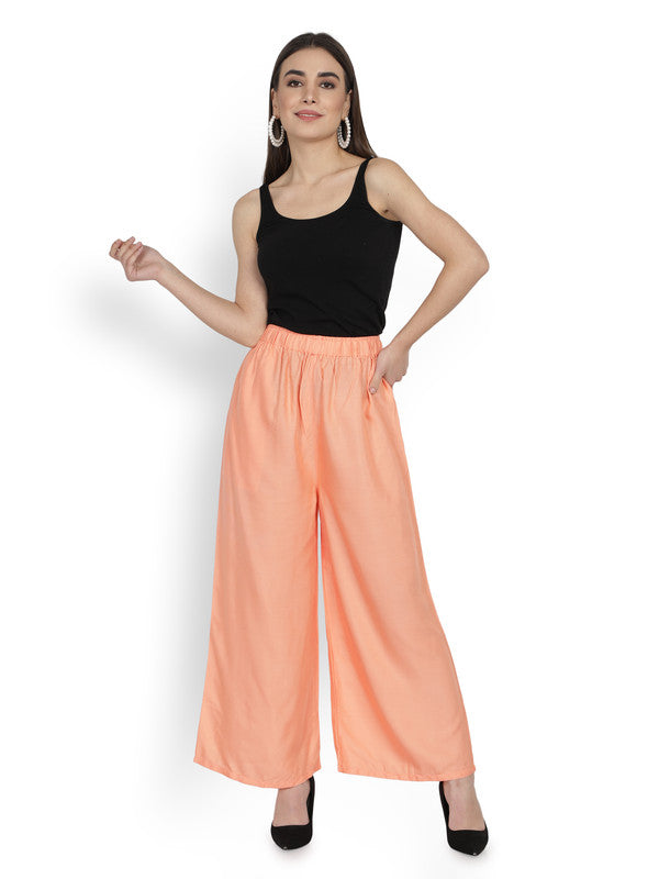 Peach Coloured Soft Rayon Solid Elasticated Waistband Perfect Fit Women flared Wide Legged Palazzo Pants!!