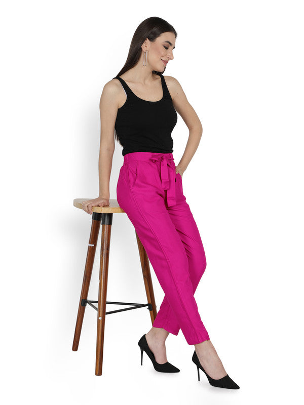 Dark Pink Coloured Super Soft Rayon Solid Breathable and Shiny Regular Fit Women Rayon Peg Trousers!!