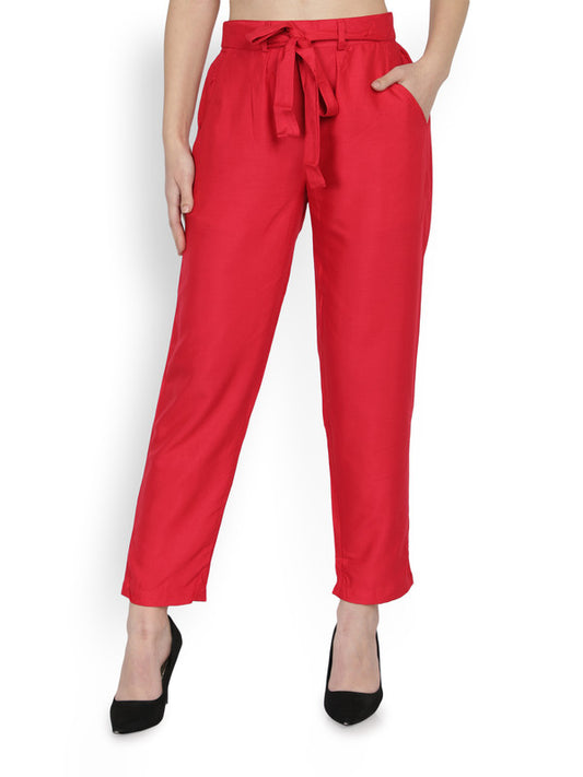 Red Coloured Super Soft Rayon Solid Breathable and Shiny Regular Fit Women Rayon Peg Trousers!!