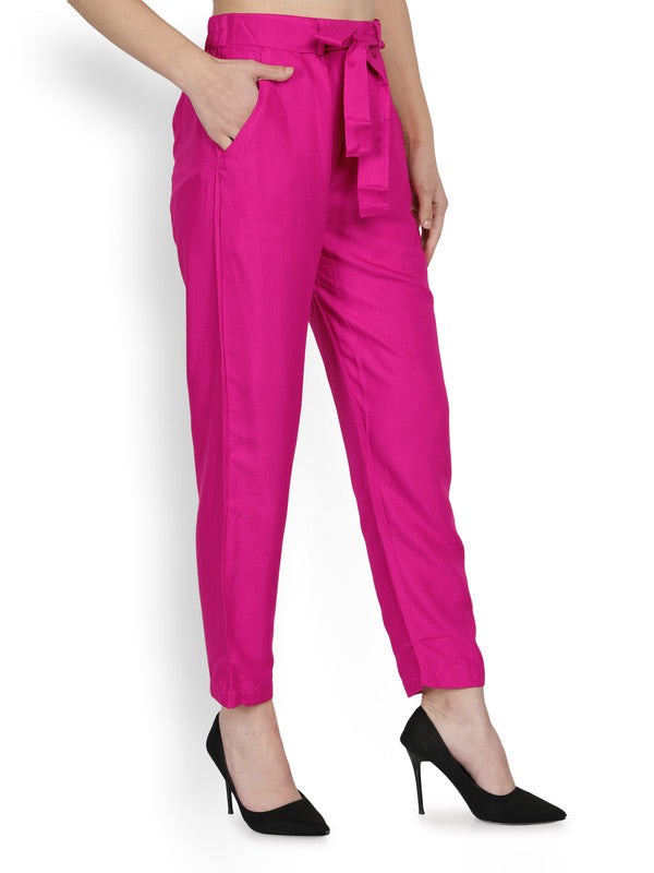 Dark Pink Coloured Super Soft Rayon Solid Breathable and Shiny Regular Fit Women Rayon Peg Trousers!!
