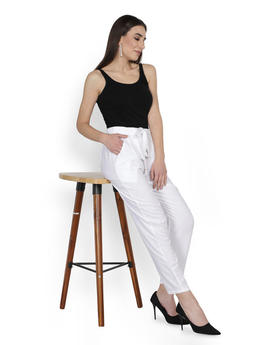 White Coloured Super Soft Rayon Solid Breathable and Shiny Regular Fit Women Rayon Peg Trousers!!