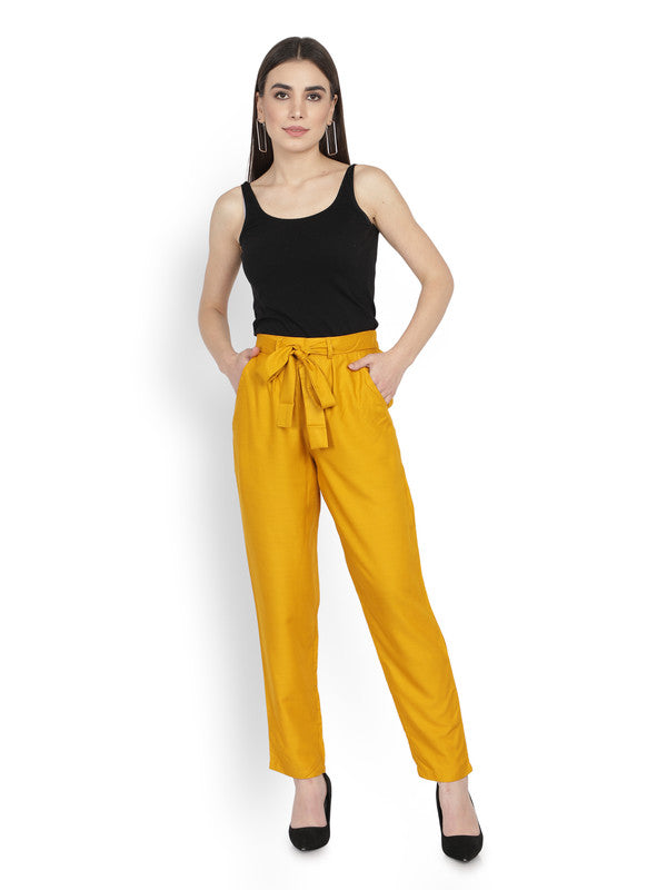 Mustard Yeloow Coloured Super Soft Rayon Solid Breathable and Shiny Regular Fit Women Rayon Peg Trousers!!