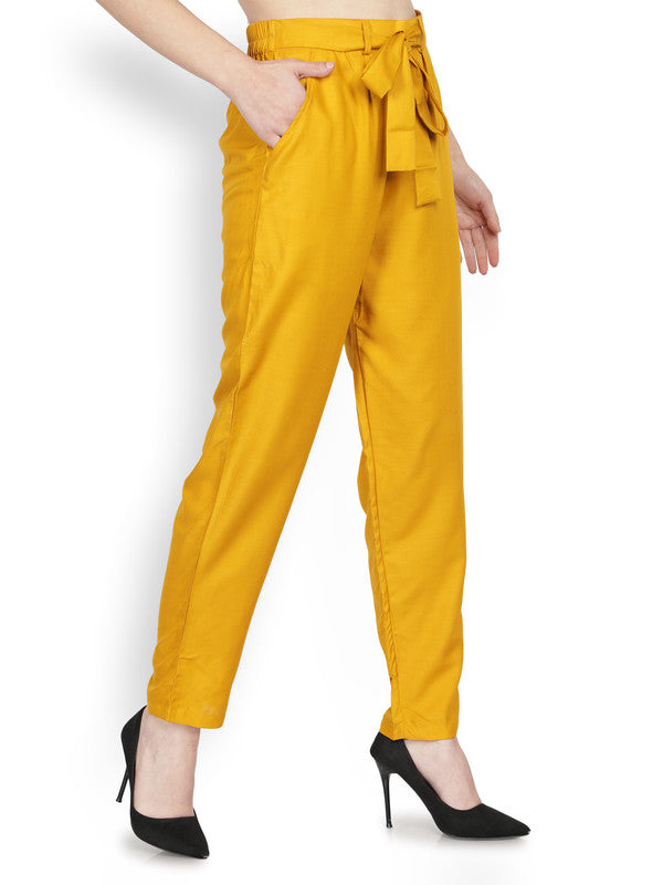 Mustard Yeloow Coloured Super Soft Rayon Solid Breathable and Shiny Regular Fit Women Rayon Peg Trousers!!