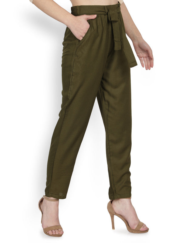 Olive Green Coloured Super Soft Rayon Solid Breathable and Shiny Regular Fit Women Rayon Peg Trousers!!