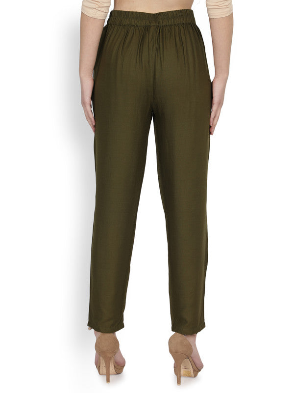 Olive Green Coloured Super Soft Rayon Solid Breathable and Shiny Regular Fit Women Rayon Peg Trousers!!