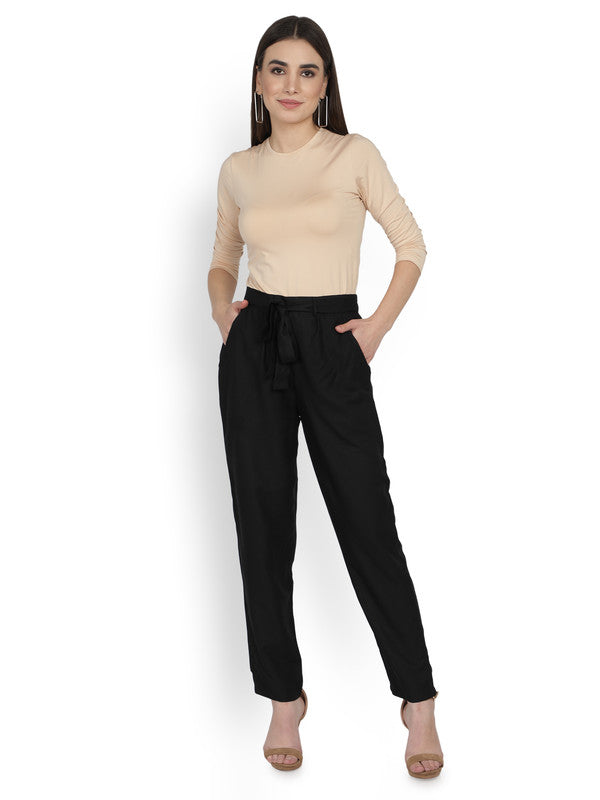 Black Coloured Super Soft Rayon Solid Breathable and Shiny Regular Fit Women Rayon Peg Trousers!!