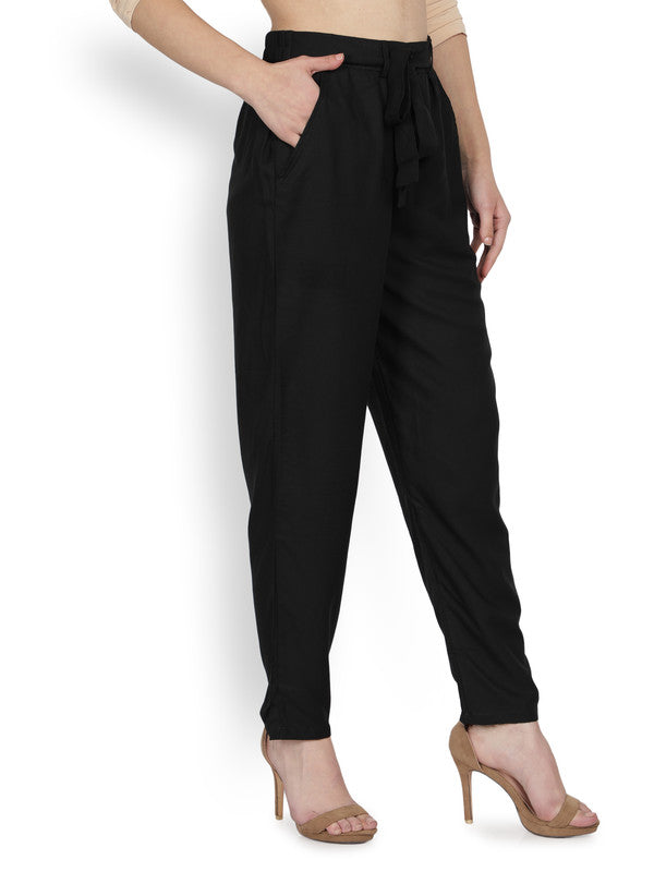 Black Coloured Super Soft Rayon Solid Breathable and Shiny Regular Fit Women Rayon Peg Trousers!!