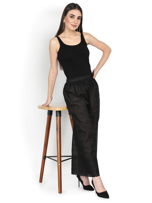Black Coloured Soft Pure Cotton Solid Perfect Fit Embroidered Wide Legged Women Chikan Palazzo Pant!!