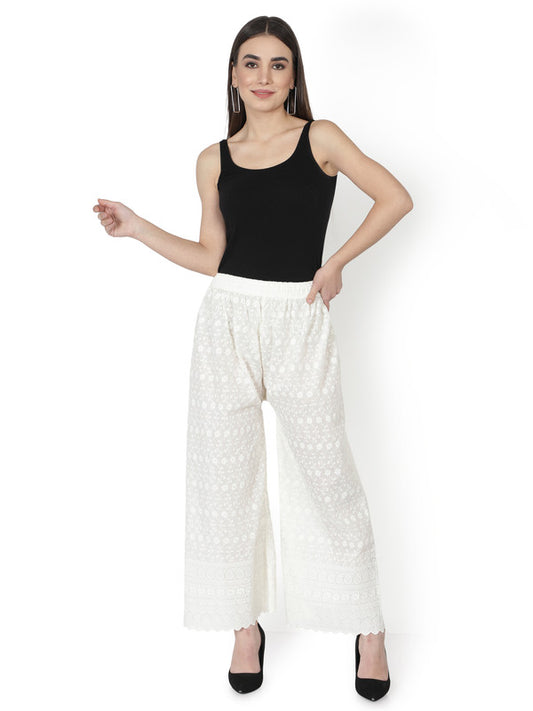 Off White Coloured Soft Pure Cotton Solid Perfect Fit Embroidered Wide Legged Women Chikan Palazzo Pant!!