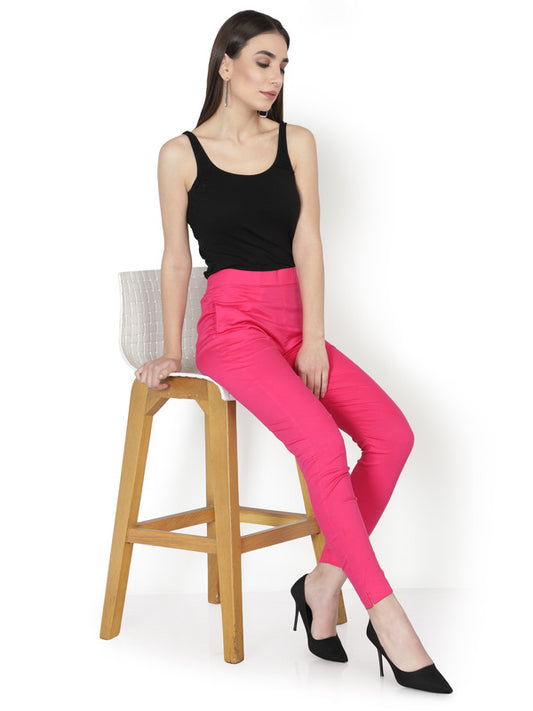 Fuchisia Coloured Soft Pure Cotton Beautifully Crafted Solid Stretchable Women Stylish And Chic Cigarette Pant!!