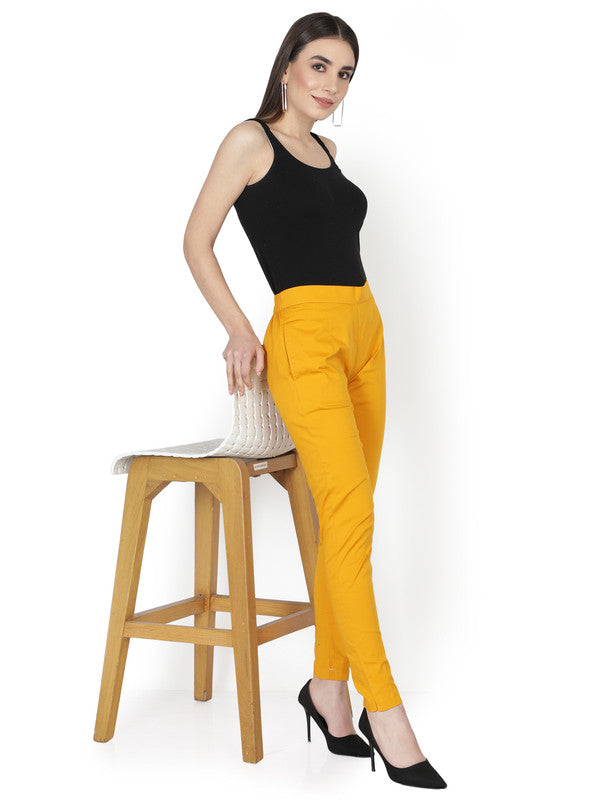 Wild Mustard Coloured Soft Pure Cotton Beautifully Crafted Solid Stretchable Women Stylish And Chic Cigarette Pant!!