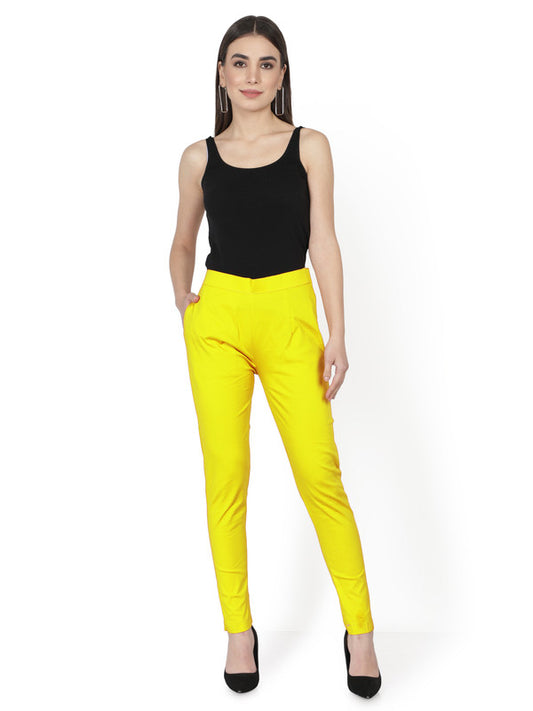 Sunny Yellow Coloured Soft Pure Cotton Beautifully Crafted Solid Stretchable Women Stylish And Chic Cigarette Pant!!