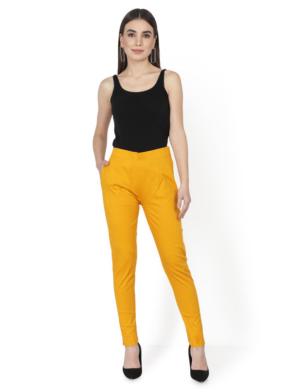 Wild Mustard Coloured Soft Pure Cotton Beautifully Crafted Solid Stretchable Women Stylish And Chic Cigarette Pant!!