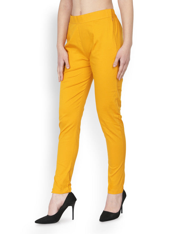 Wild Mustard Coloured Soft Pure Cotton Beautifully Crafted Solid Stretchable Women Stylish And Chic Cigarette Pant!!