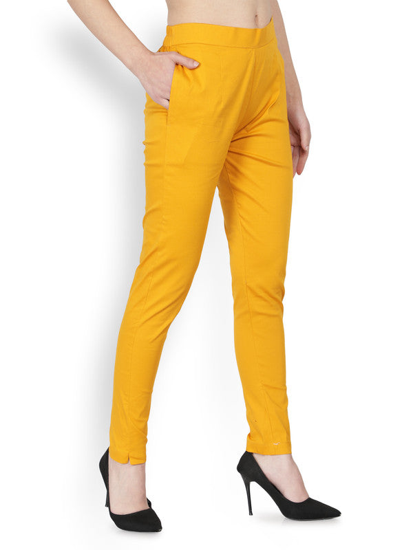 Wild Mustard Coloured Soft Pure Cotton Beautifully Crafted Solid Stretchable Women Stylish And Chic Cigarette Pant!!