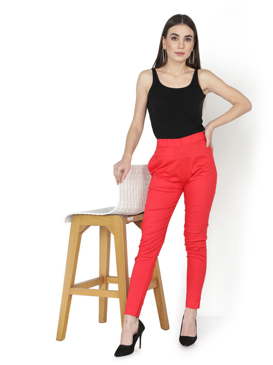 Candy Red Coloured Soft Pure Cotton Beautifully Crafted Solid Stretchable Women Stylish And Chic Cigarette Pant!!