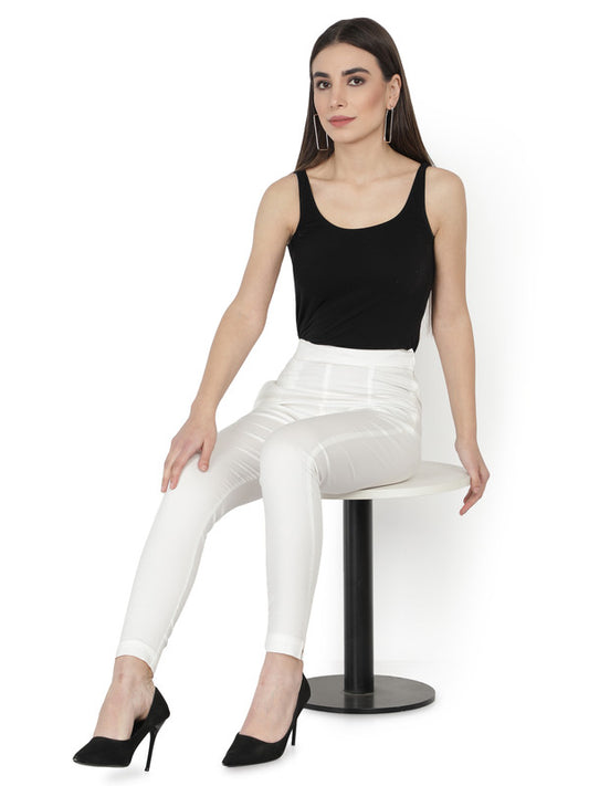 Ivory Coloured Soft Pure Cotton Beautifully Crafted Solid Stretchable Women Stylish And Chic Cigarette Pant!!
